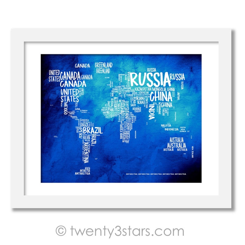 World Map Typography Map Poster Print World Map In Words Etsy