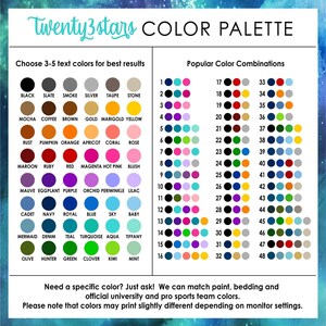The image is a color palette guide for choosing and combining 3-5 text colors for a color palette. It provides a list of popular color combinations and their corresponding color names, along with a color swatch for each combination. The guide also mentions that the colors may print slightly differently depending on the monitor settings.
