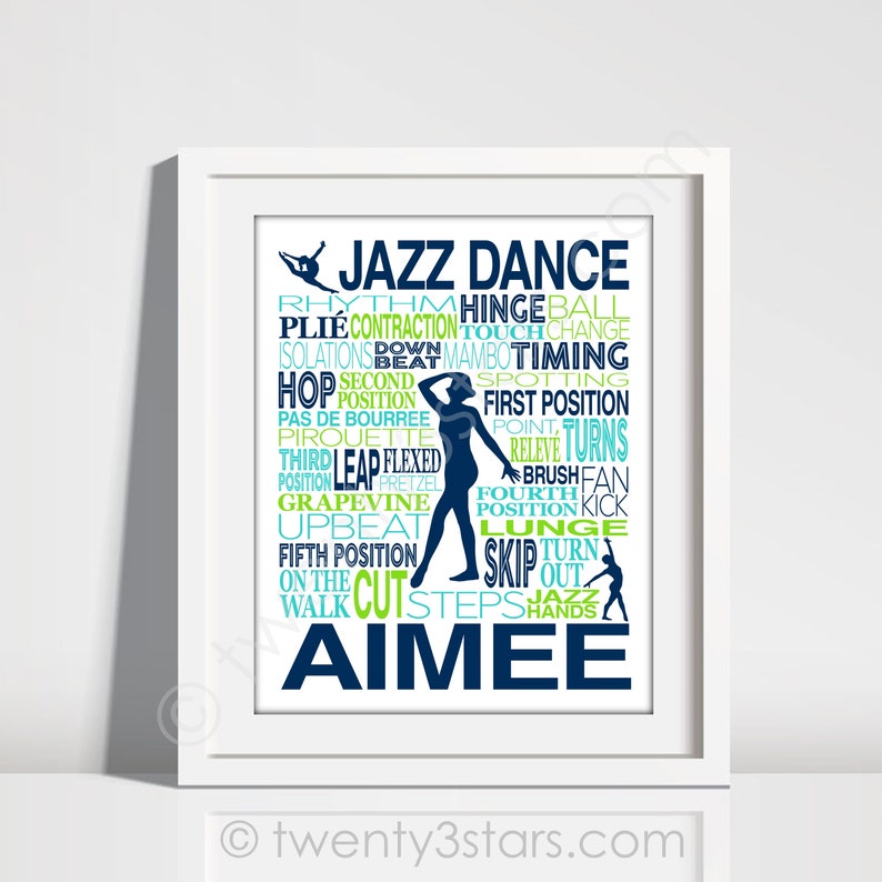 May include: A blue and green word art print with a silhouette of a dancer in the center. The words are related to jazz dance moves and the name "Aimee" is at the bottom.