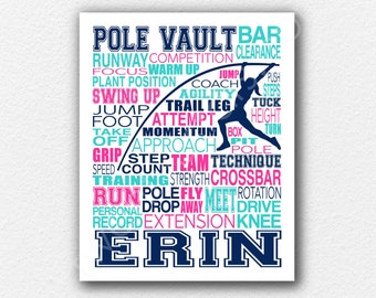 Pole Vaulting Art, Pole Vault Typography Poster, Track and Field Art, Track Team Gifts, Girl's Pole Vault Art, Personalized Pole Vault Gift