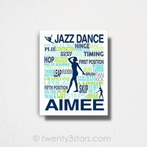 May include: A white background with a blue silhouette of a dancer in a jazz dance pose. The words "Jazz Dance" are in large blue letters at the top of the image. The rest of the image is filled with smaller blue and green words related to jazz dance, including "plie", "turn", "leap", "spotting", and "grapevine". The name "Aimee" is written in large blue letters at the bottom of the image.