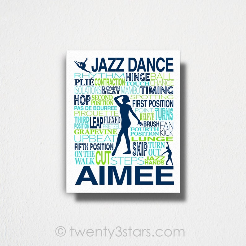 May include: A white background with a blue silhouette of a dancer in a jazz dance pose. The words "Jazz Dance" are in large blue letters at the top of the image. The rest of the image is filled with smaller blue and green words related to jazz dance, including "plie", "turn", "leap", "spotting", and "grapevine". The name "Aimee" is written in large blue letters at the bottom of the image.