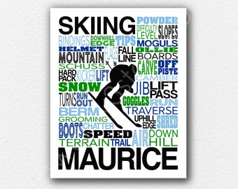 Art typographie ski, art mural ski, cadeau skieur, cadeau pour le ski, poster skieur, art mural ski alpin, cadeau équipe de ski, cadeau entraîneur de ski