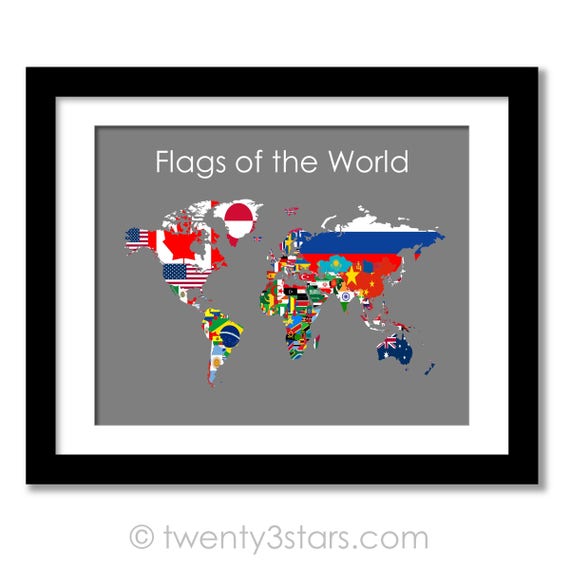 flags of the world map poster world map flags flag map art