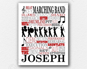 Marching Band Word Poster, Band Typography, Drum Line Gift, Percussion Wall Art, Drumming Corps Print, Unframed School Music Gift