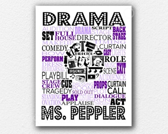 May include: A rectangular wall art print featuring the word DRAMA at the top and MS. PEPPLER at the bottom in a marquee light style. The center contains a collage of theater-themed words and icons in black, purple, and light purple text.