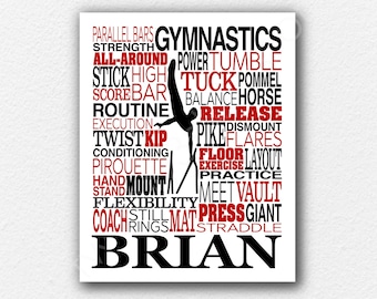 May include: A white rectangular print featuring a black silhouette of a gymnast performing a handstand on parallel bars. The design includes red and black text with gymnastics terms like GYMNASTICS, TUCK, VAULT, and the name BRIAN in large letters.