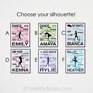 May include: Six different dance silhouette designs with a word cloud of dance terms surrounding each silhouette. The silhouettes are of dancers in various poses. The word clouds are in different colors, including pink, blue, green, and black. The names Emily, Amaya, Bianca, Kenna, Rylie, and Heather are at the bottom of each design.