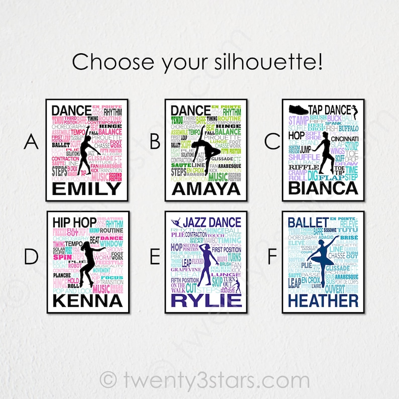 May include: Six different dance silhouette designs with a word cloud of dance terms surrounding each silhouette. The silhouettes are of dancers in various poses. The word clouds are in different colors, including pink, blue, green, and black. The names Emily, Amaya, Bianca, Kenna, Rylie, and Heather are at the bottom of each design.