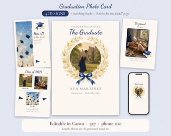 Graduation Announcement Photo Card, 4 Designs, Class of 2027 Grad Card Template, Navy & Gold-Tone Laurel Watercolor, Canva, 5x7