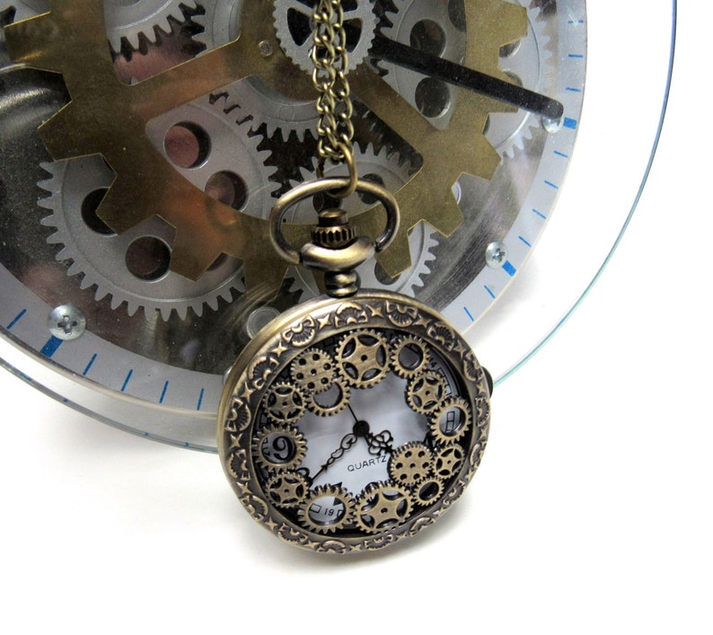 Steampunk Pocket Watch Jewelry with 30 inch Brass Chain Antique Industrial Gears Working Large Wholesale Jewelry Supplies CrazyCoolStuff image 1