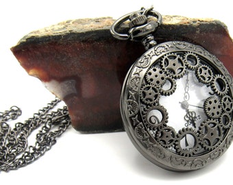 Steampunk Pocket Watch Jewelry with 30 inch Gunmetal Chain Antique Industrial Gears Working goth Wholesale Jewelry Supplies CrazyCoolStuff