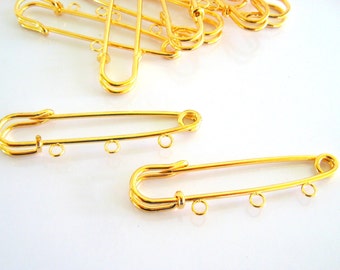 Gold Kilt Pins (10) Beadable 2 inch 3 loops Big Safety Pin Brooch Gold Plated