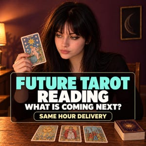 May include: A tarot card reading service featuring a deck of cards with illustrations of stars, a sun, and figures. The text reads: FUTURE TAROT READING WHAT IS COMING NEXT? SAME HOUR DELIVERY. The cards are displayed on a wooden surface.