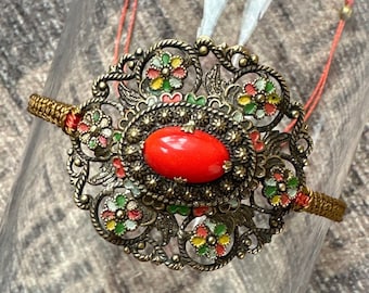 Victorian Czech Filigree Bracelet – Coral Cabochon Enamel, Knotted Cord