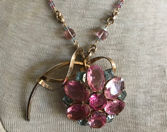 Vintage Rhinestone Assemblage Necklace - Pink Peony, Antique Watch Chain