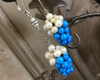 Vintage Faux Pearl Cluster Earrings: Blue Glass Beads, Sterling Silver
