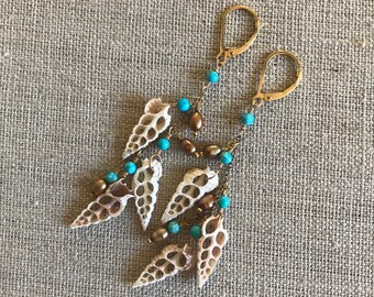 Vintage Shell Dangle Earrings: Turquoise, Pearl, 14Kt Gold Fill