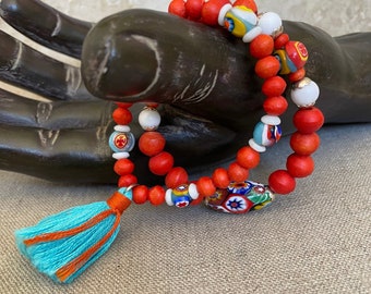 Vintage Millefiori Stretch Bracelet: Bone Beads & French Floss Tassel