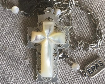 Mother of Pearl Cross Y Necklace: Antique Rosary Connector, 800 Silver
