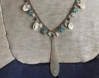 Mother of Pearl Fish Necklace: Antique Game Token, Aquamarine - Shell