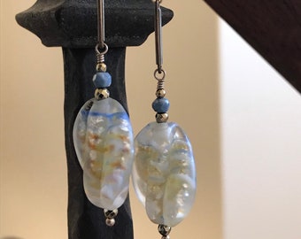 Sterling Silver Dangle Earrings -  Vintage Venetian Glass, Blue Opal & Pyrite