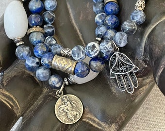 Sodalite Stretch Bracelet: Vintage Sterling Silver Hamsa, Saint Christopher Medal