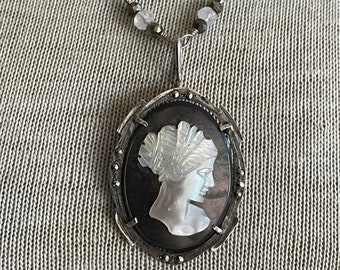 Antique Cameo Necklace: Sterling Silver, Moonstone & Pyrite, One-of-a-Kind