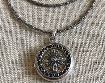 Sterling Silver LOCKET - Vintage MARCASITE & Antique French Steel Cut Beads