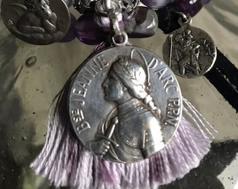 Amethyst Beaded Bracelet – Antique Joan of Arc French Medal, Sterling Silver Tassel