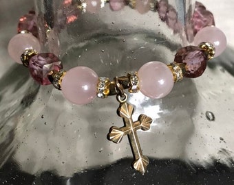 BUDDING CROSS - Estate Sourced Rose Quartz Gemstones - Vintage Rolled GOLD Cross - Stretch Bracelet