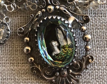 Antique Saint Bernadette Intaglio Necklace: Mystic Quartz & Vintage Watch Chain