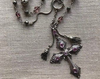 TASSELED CROSS - Pink Quartz - Antique Watch Chain  Edwardian Tassels - Cross Necklace Assemblage - Snake Chain  One of a Kind by ERAS