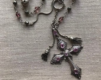 Tasseled Cross Necklace: Pink Quartz, Antique Watch Chain, Edwardian Style