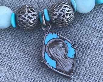 Miraculous Mary Medal Bracelet - Amazonite, Sleeping Beauty Turquoise, Antique French Silver