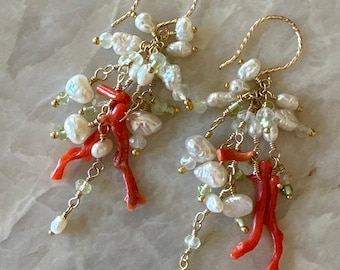 Coral Pearl Dangle Earrings: 14k Gold Fill, Peridot & Prehnite