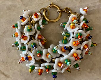 Vintage Floral Dangle Bracelet: African Beads, Brass Chain