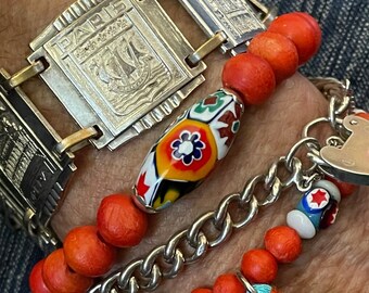 Vintage Millefiori Stretch Bracelet: Italian Glass & Bone Beads