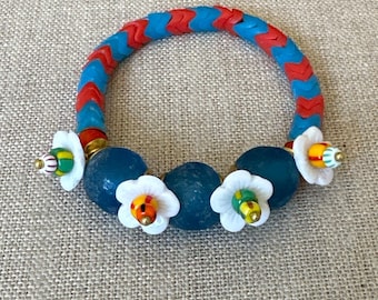 Floral Stretch Bracelet: Vintage African Beads & Beach Glass