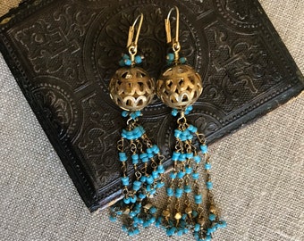 TENDRILS - Moroccan Earrings - Vintage Brass Beads - TURQUOISE Dangles - Bohemian Gold Earrings - Artisan One of a Kind Earrings by ERAS