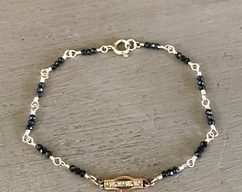 Dainty Black Spinel Bracelet: Antique Watch Chain Link, 14Kt Gold Fill