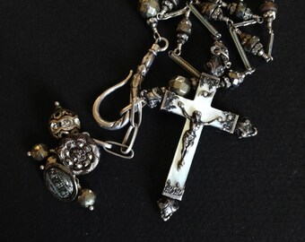 BUTTONED FAITH - Antique French Crucifix - Vintage Watch Chain  - Pyrite Gemstone -  Assemblage by ERASevolved