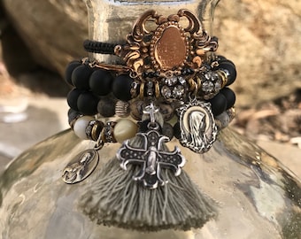 Agate Onyx Stretch Bracelet: Antique Silver Cross, Tassel Stacker