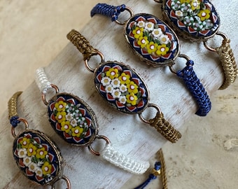 Vintage Italian Micro Mosaic Floral Bracelet - Adjustable Knot Macrame