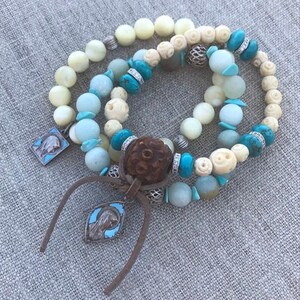 ROSARY Bracelet - Boho Stretch Bracelet - French Pater Beads - Carved Vintage Ox Bone - One of a Kind Stacking Bracelet by ERAS