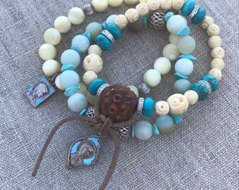 Boho Rosary Bracelet: Carved Ox Bone, Turquoise, French Pater Bead