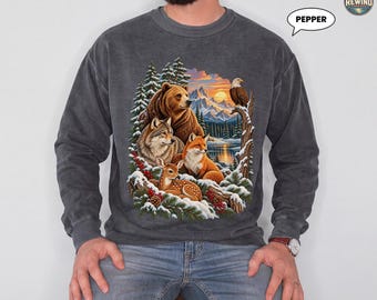 Wildlife Mountain Sweatshirt, Bear Wolf Fox Deer Eagle Crewneck, Vintage Winter Forest Animals Pullover, Nature Lover Gift for Him
