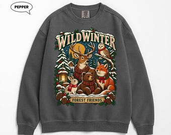 Wild Winter Forest Friends Sweatshirt, Woodland Animals Crewneck, Vintage Deer Fox Bear Owl Pullover, Cozy Christmas Gift for Her
