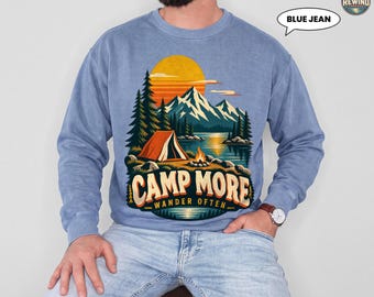 Camping Sweatshirt, Camp More Wander Often Retro Mountain Lake Crewneck, Vintage Sunset Tent Graphic, Outdoor Lover Gift