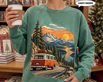 Retro Camper Van Road Trip Sweatshirt, Mountain Lake Sunset Crewneck, Vintage Van Life Adventure Pullover, Travel Gift for Him Her